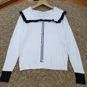 White Sailor Collar Pearl Button Ribbed Knit Top